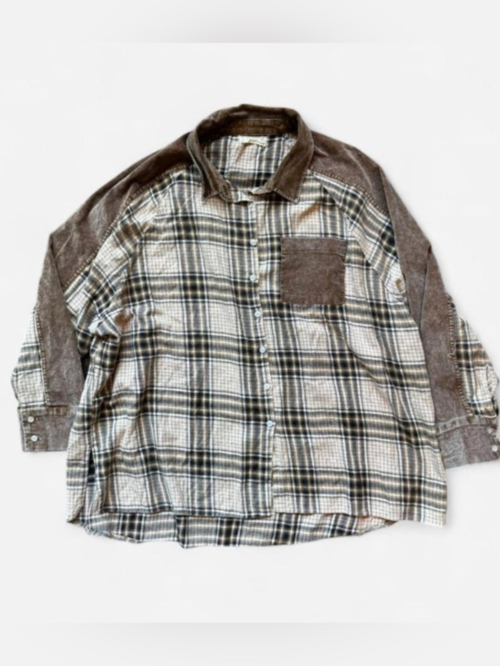 Altar’d State Plaid Flannel Corduroy Trim Button Up Shirt Size Medium Oversized